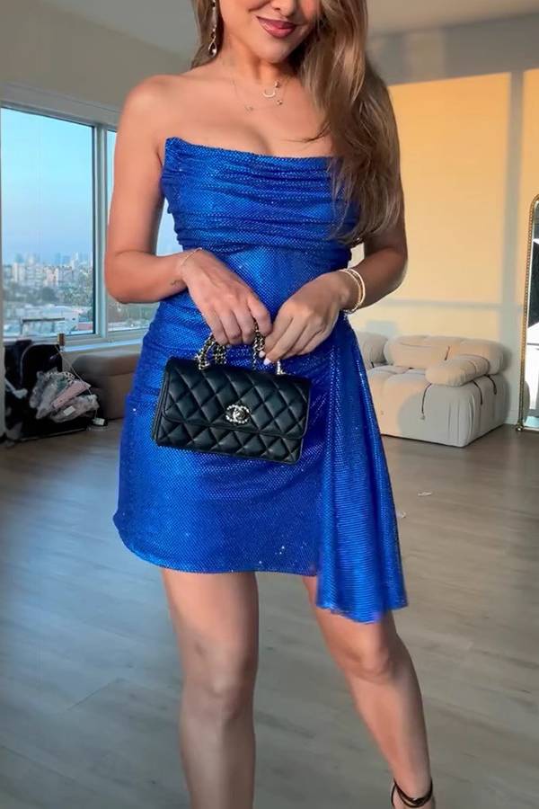 Strapless Glitter Ruched Asymmetric Hem Mini Dress
