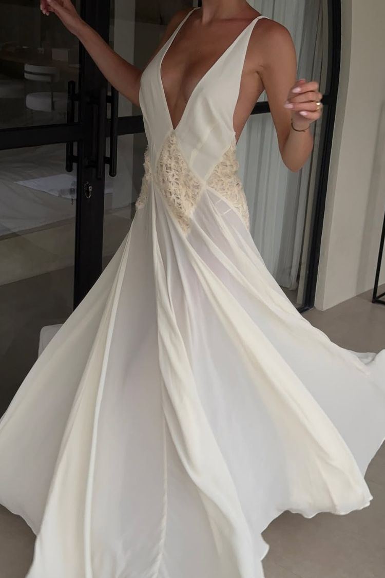 Venus By The Sea Tulle Lace Patchwork Backless Flowy Maxi Dress