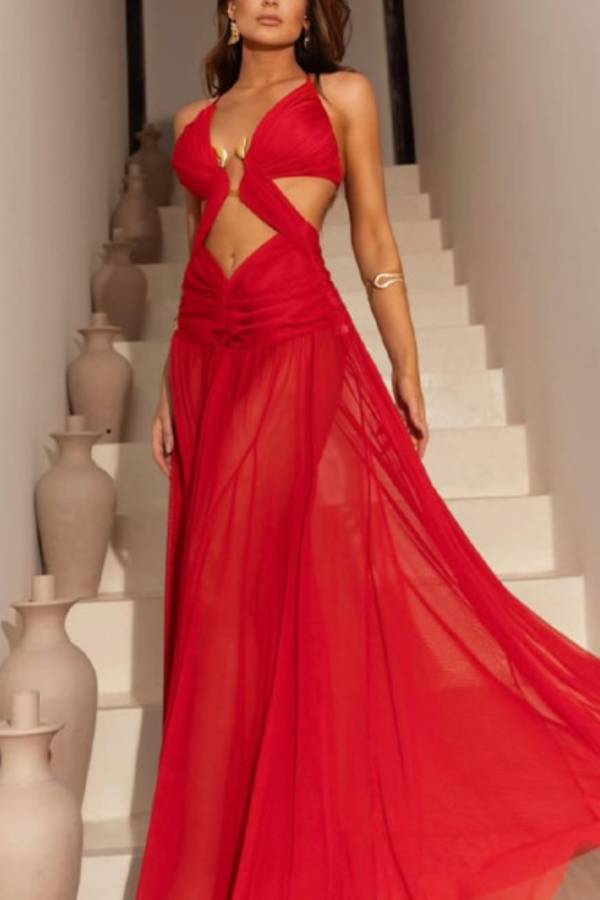 Metal Embellished Cutout Strappy Maxi Dress