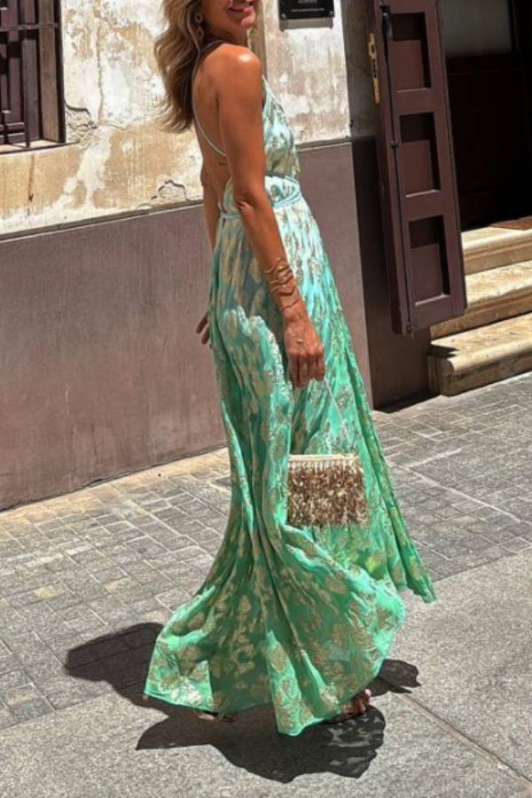Bianca Tie-dye Ombre Gold Floral Print A-line Halterneck Maxi Dress