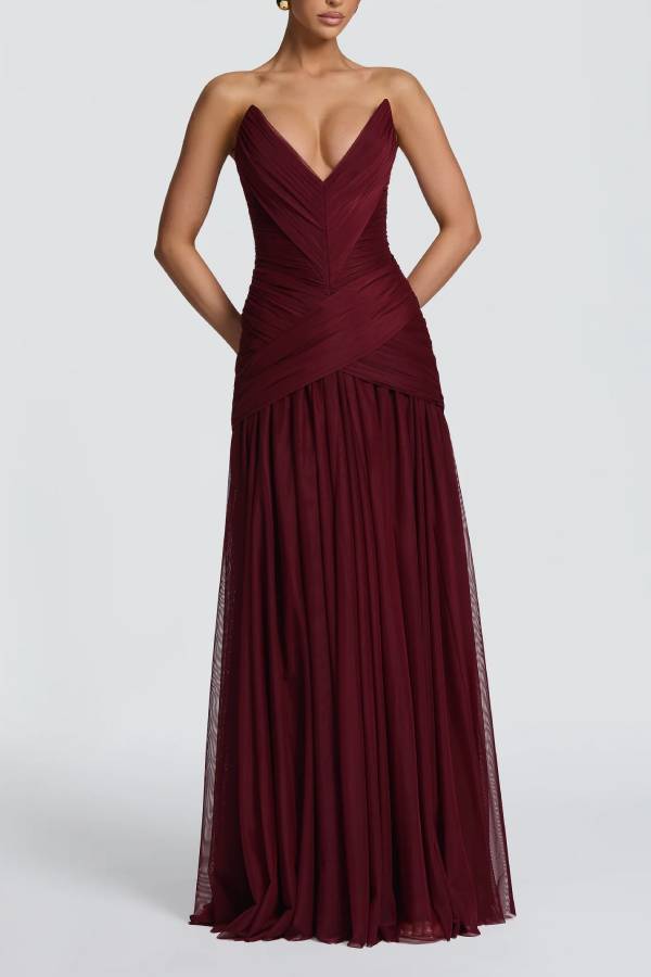 Persephara Pleated Tulle Sweetheart Neck Strapless Back Lace-up Maxi Dress