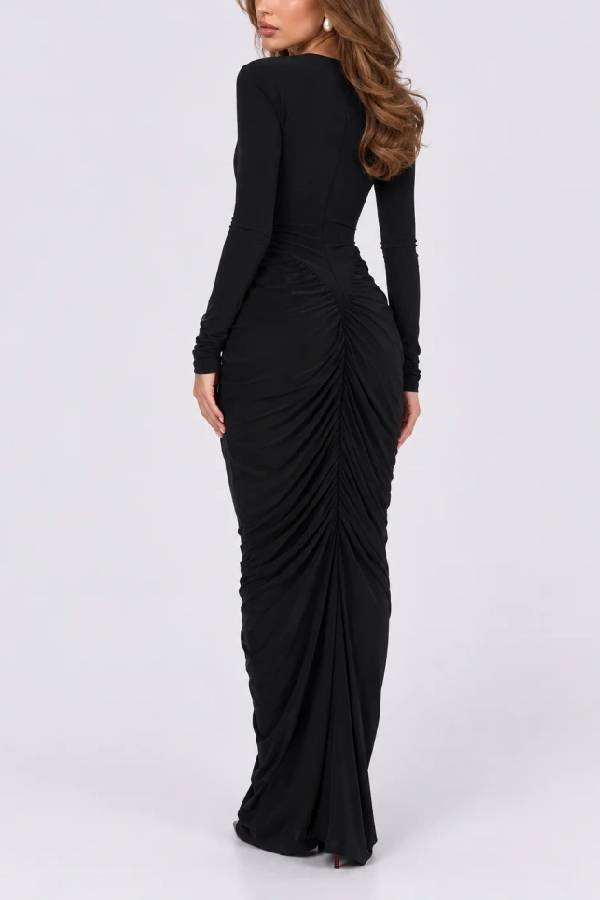 Black Long Sleeve Cutout Front Ruched Fishtail Maxi Evening Dress