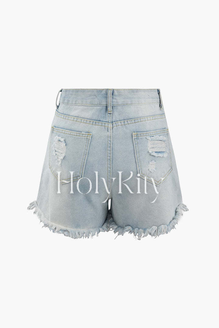 Short en jean usé effiloché orné de perles