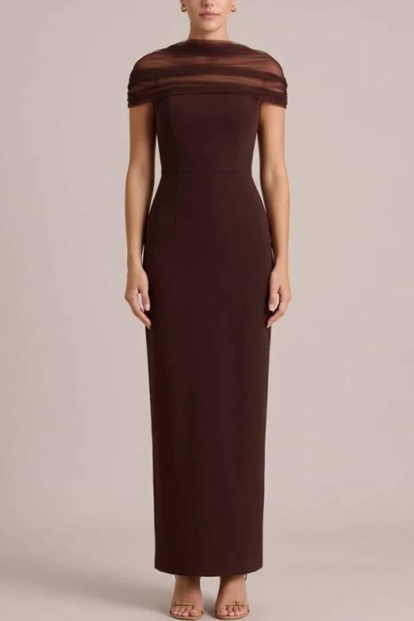 Mesh Draped Off the Shoulder Sleeveless Column Maxi Dress