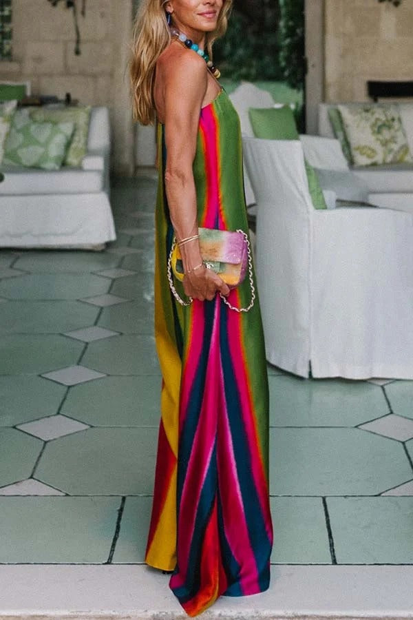 Artistic Rainbow Satin Watercolor Print Off Shoulder Pocketed H-line Maxi Dress