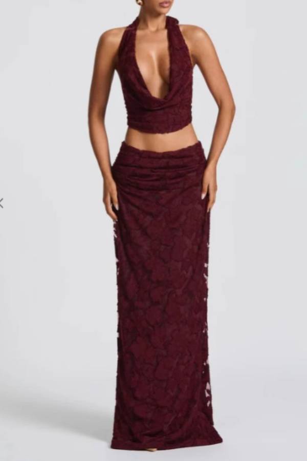 Halter Cowl Neck 3D Floral Lace Crop Top & Mermaid Maxi Skirt Two-Piece Set