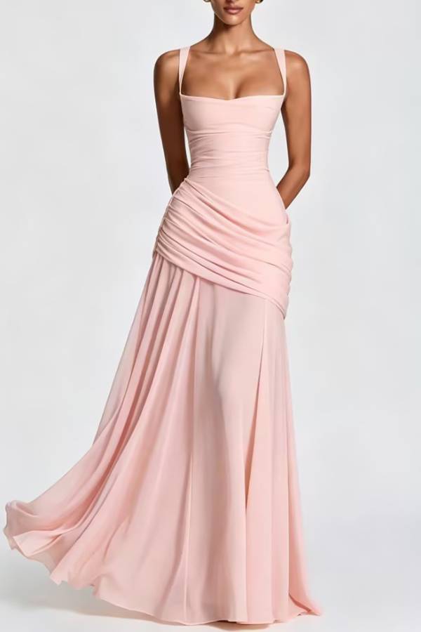 Square Neck Cross Ruched Waist Chiffon Evening Gown