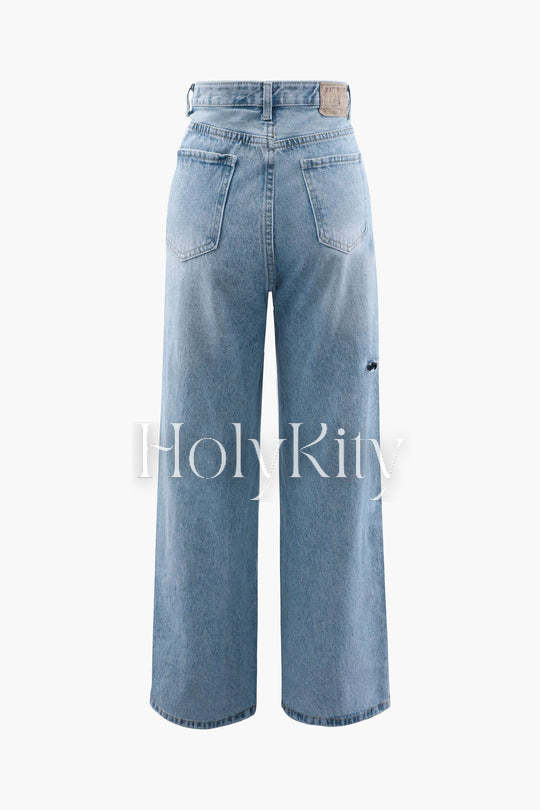 Zerrissene Jeans mit asymmetrischer Taille und geradem Bein