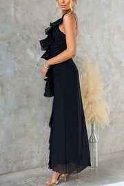 Rehna Mesh 3D Ruffles One Shoulder Stretch Maxi Dress