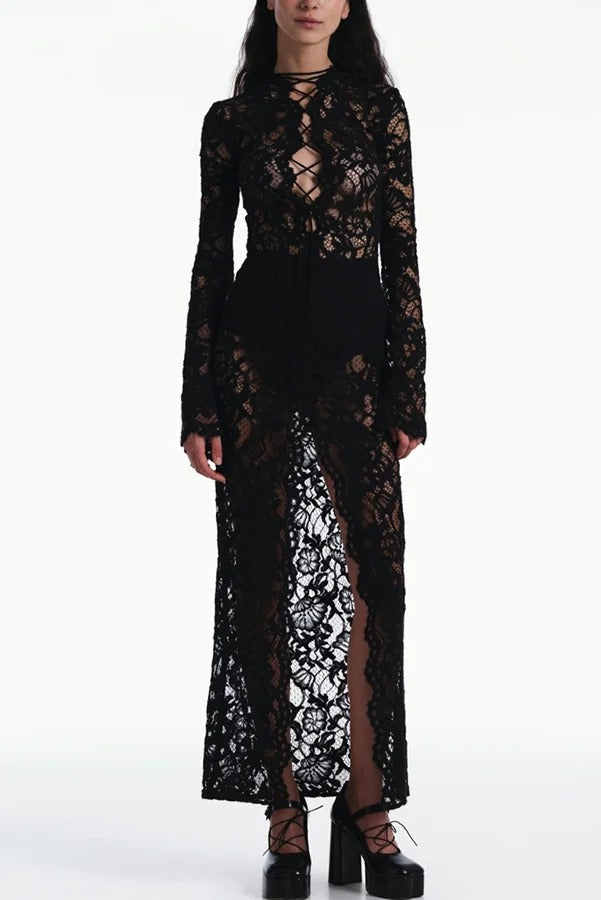 Garcelle Floral Lace Lace-up Long Bell Sleeve Slit Midi Dress