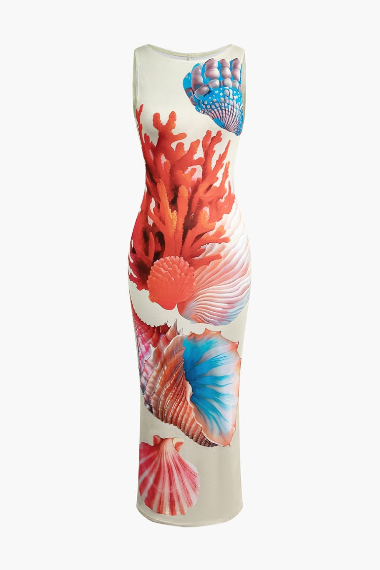 Tank-Midikleid mit Schlitz und Ozean-Print 