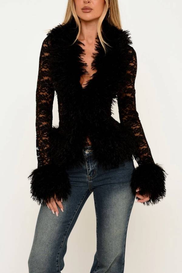 Black Faux Fur Trim Lace Blazer, Deep V Long Sleeve Sheer Lace Cropped Jacket
