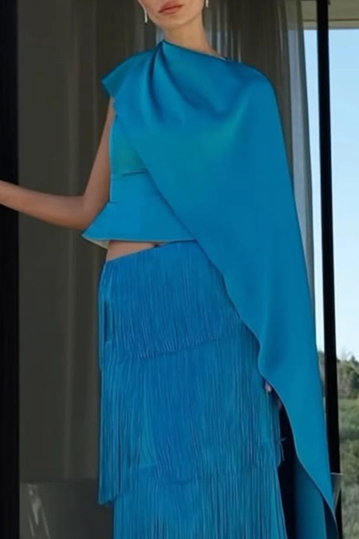 One Shoulder Cape Top and Tiered Fringe Maxi Skirt Two Piece Set