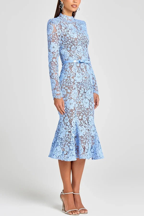 Feminine and Elegant Flower Lace Long Sleeve Bow Belted Flare Midi Dress