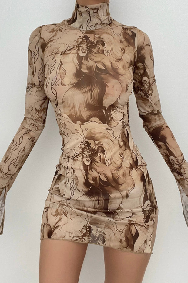 Sheer mesh see through print high neck slit long sleeve mini dress