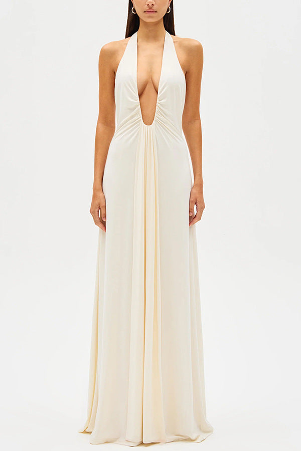 Halter Deep‑V Ruched Draped Evening Maxi Dress