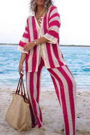 Knit Striped Pattern 3/4 Sleeve Blouse Wide Leg Pants Matching Set-Pink