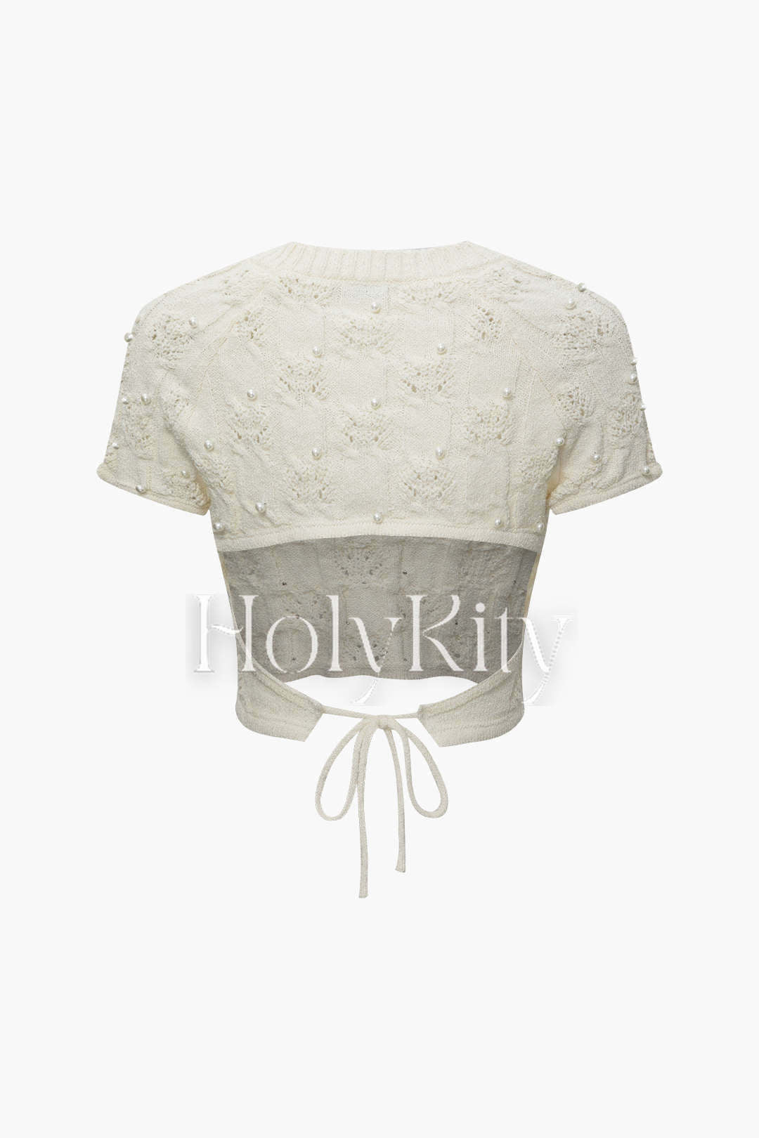 T-shirt noué dans le dos en maille ajourée ornée de perles 