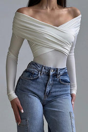 V Neck Off Shoulder Wrapped Ruched Slim Fit Bodysuit-White