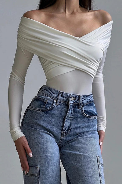 V Neck Off Shoulder Wrapped Ruched Slim Fit Bodysuit-White