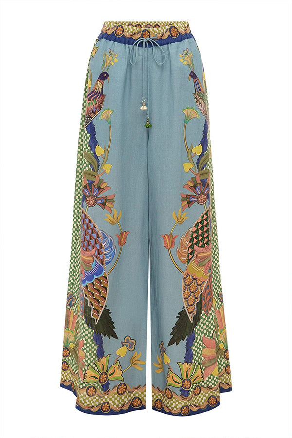 Smyrna Unique Heaven Bird Print Elastic Waist Pocketed Wide Leg Pants