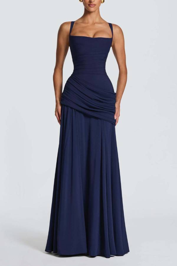 Square Neck Cross Ruched Waist Chiffon Evening Gown