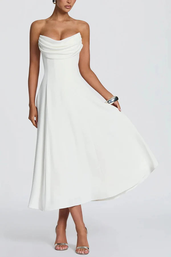 Marlowe Pleated Cowl Neck Strapless Back Lace-up Midi Dress