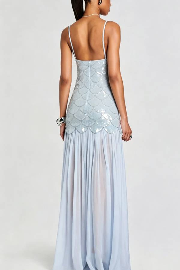Eileyn V-neck Fan-shaped Sequined Chiffon Hem Slip Maxi Dress