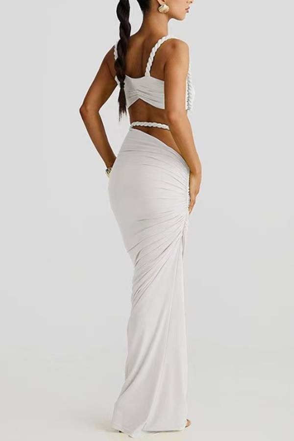 Braided Strap Twist Bandeau & Ruched Slit Maxi Skirt Two-Piece Set