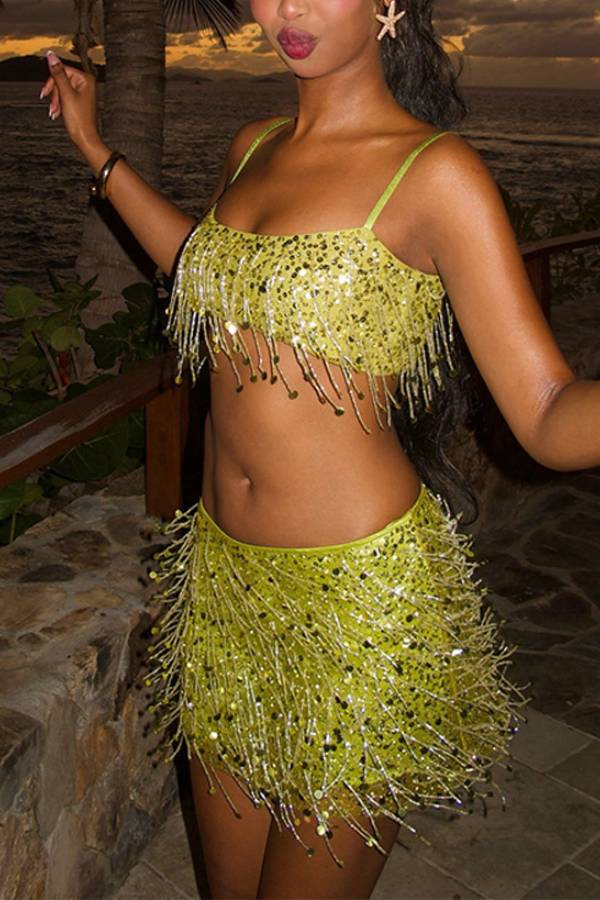 Sequin and Tassel Strappy Mini Dress Set