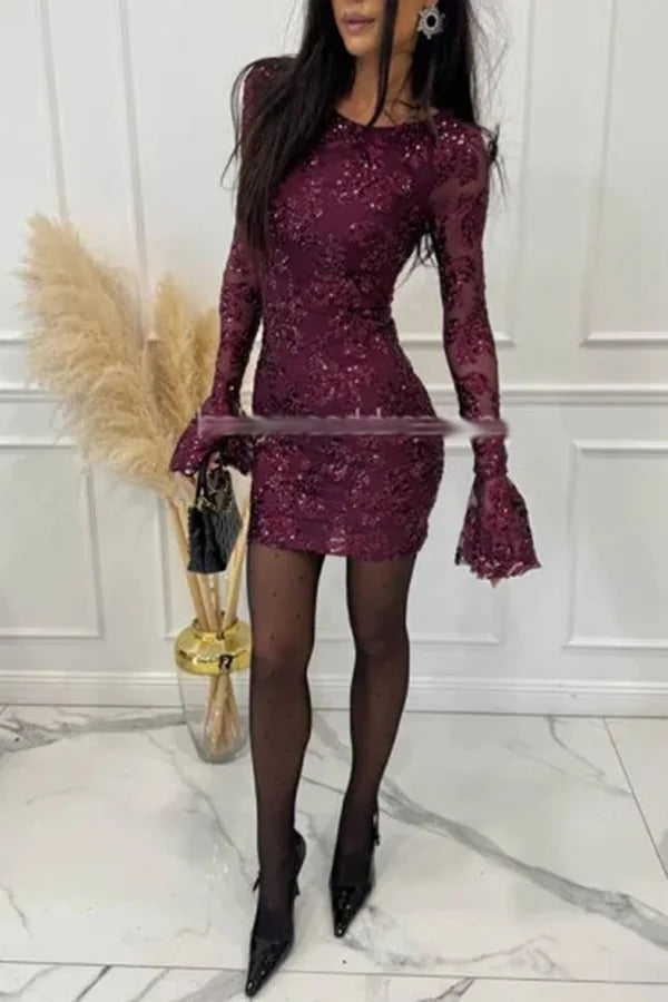 Deep and Dazzling Floral Texture Sequin Long Bell Sleeve Open Back Mini Dress