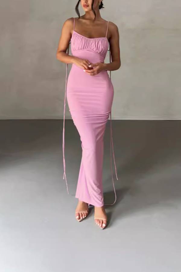 Spaghetti Strap Ruched Open Back Tie Maxi Dress