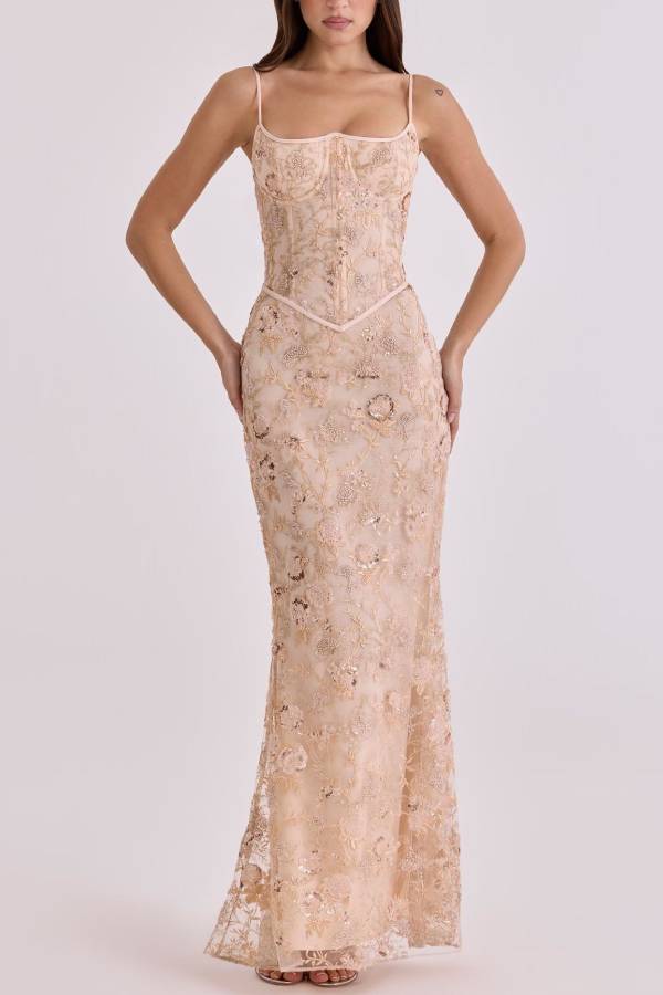 Heavy Beaded Embroidered Spaghetti Strap Mermaid Evening Gown