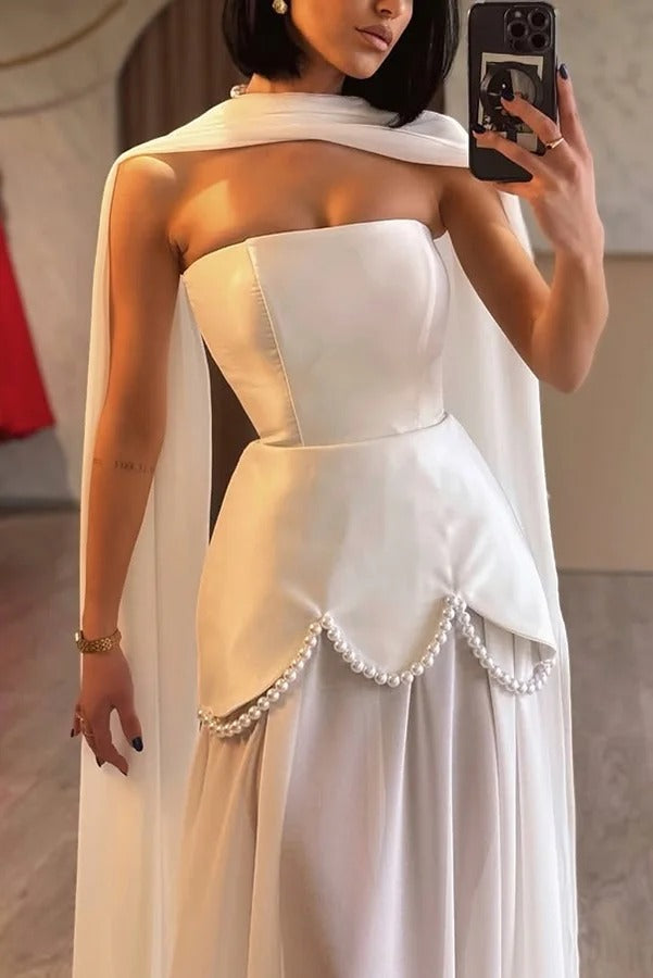 Jiya Satin Petal Hem Pearl Detail Chiffon Cape Strapless Maxi Dress