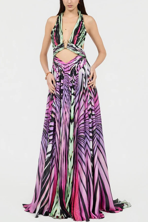 Light of Paradise Fluid Line Print Cutout Gold-tone Fang Emblem Halter Backless Maxi Dress
