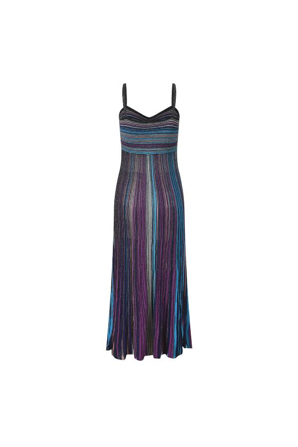 Iridescent Striped Knit Spaghetti Strap Maxi Dress