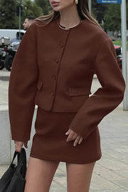 Button Up Wide Long Sleeve Jacket Solid Color Mini Skirt 2pcs Set-Black