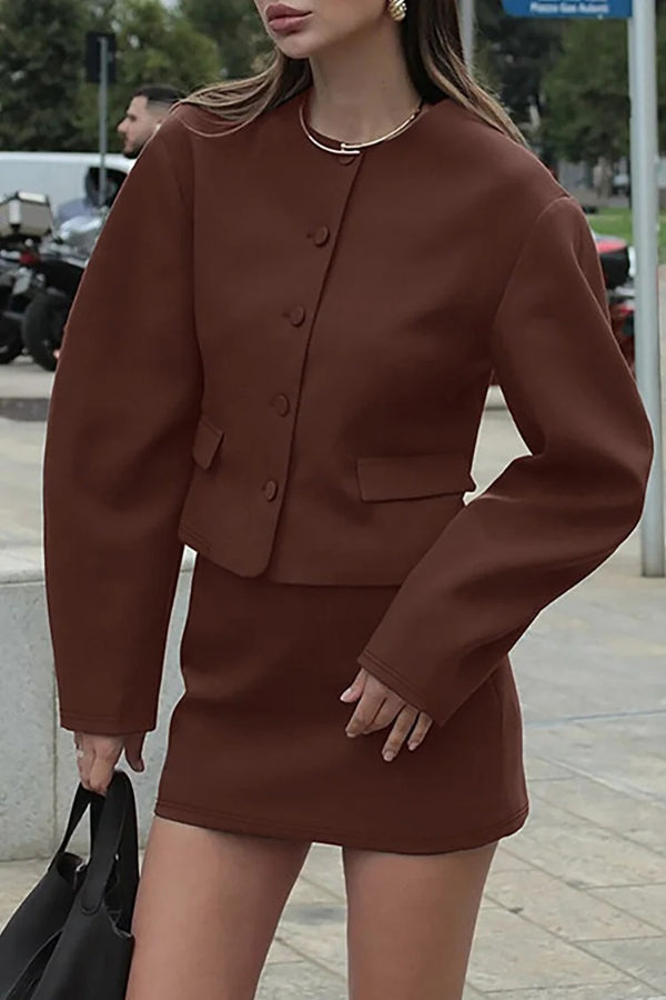 Button Up Wide Long Sleeve Jacket Solid Color Mini Skirt 2pcs Set-Black