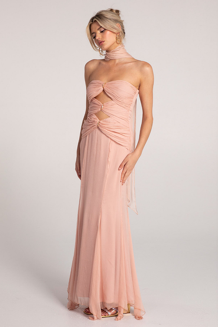 Strapless Ruched Cutout Mermaid Hem Maxi Dresses-Pink [Pre Order]