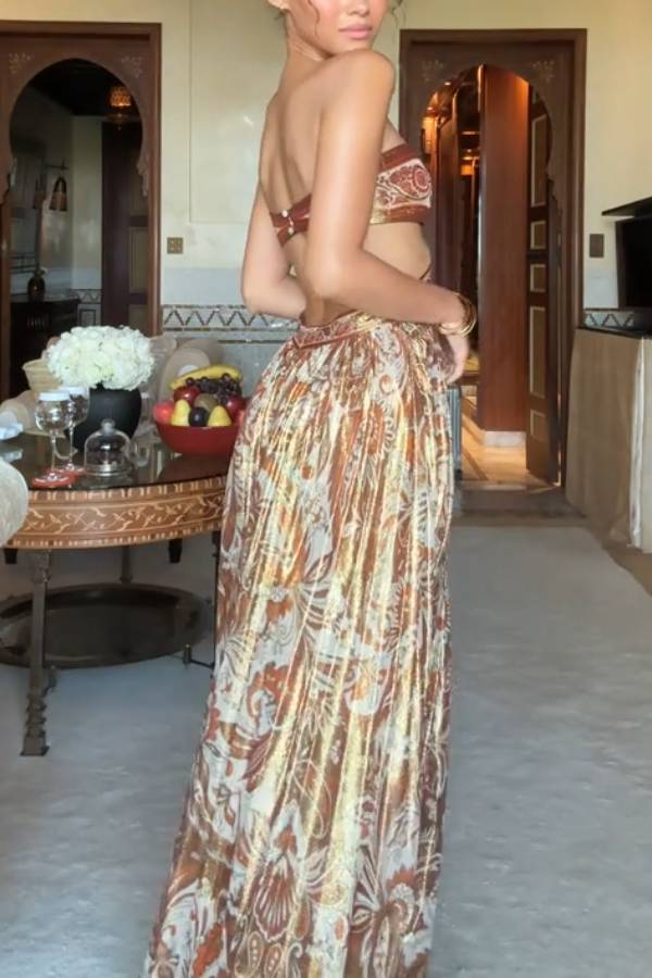 Paisley Print Halter Cutout Metallic Evening Maxi Dress