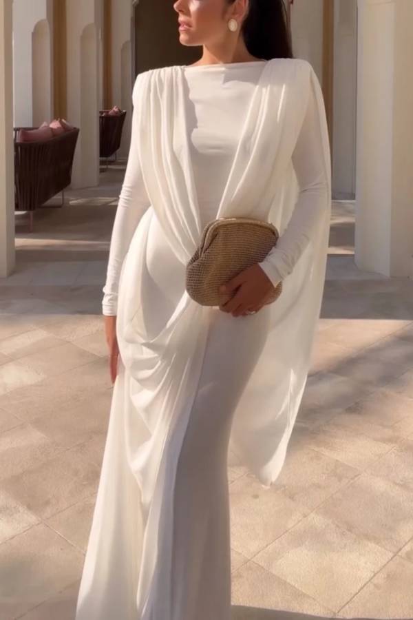 White Long Sleeve Draped Cape Column Maxi Dress for Evening