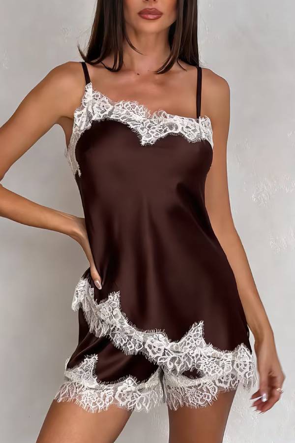 Satin Eyelash Lace Cami Top & Shorts Two Piece Lingerie Pajama Set
