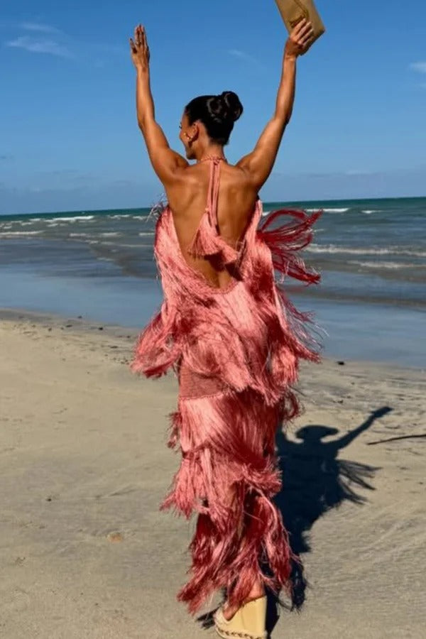 Vacation Icon Layered Tassels Halter Tie-up Open Back Maxi Dress