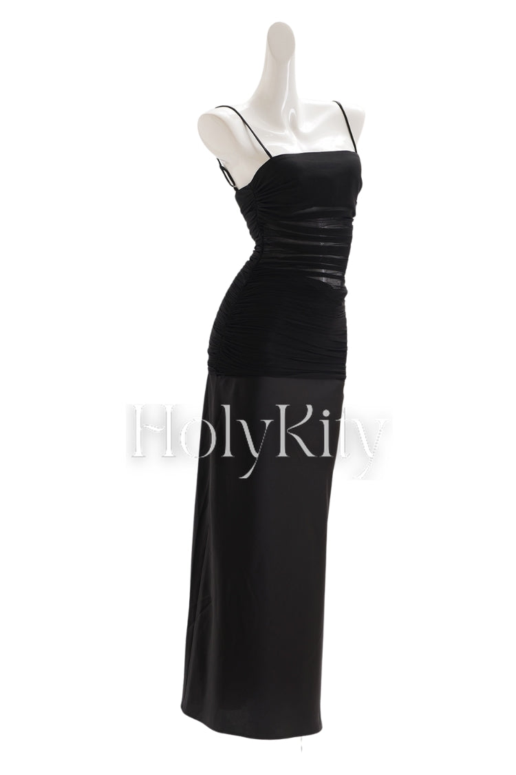 Slit suspender gauze pleated tie-dye dress