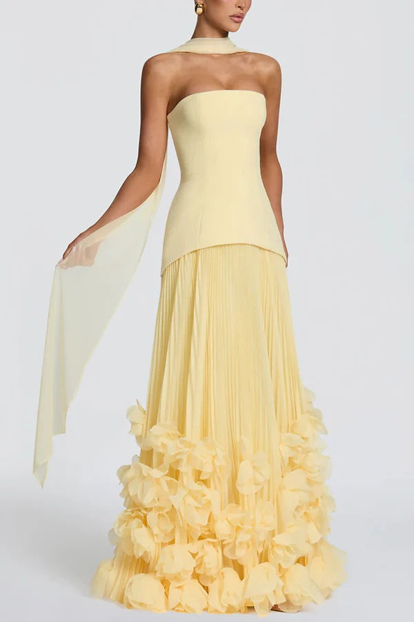 Serafina Strapless Back Lace-up Handcrafted Floral Appliqués Pleated Hem Gown Maxi Dress