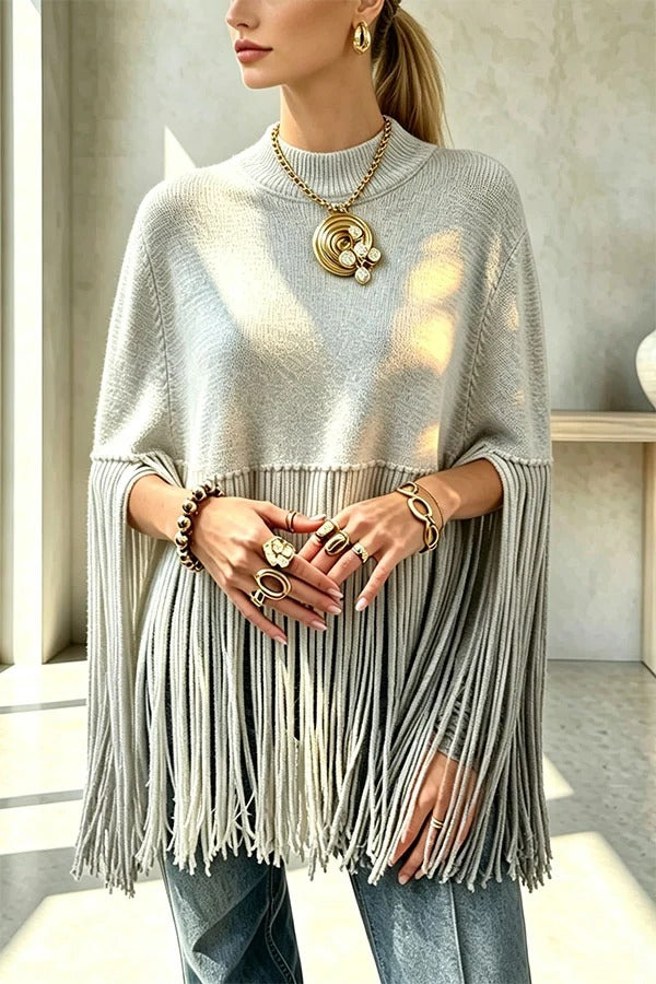 Adriana Knit Crew Neck Tassel Hem Loose Cape Sweater