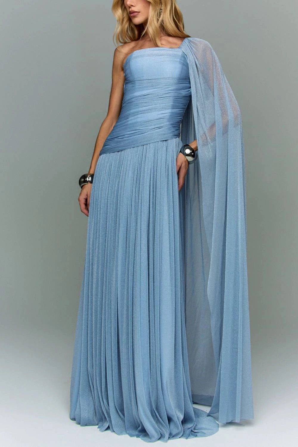 Strapless Ruched Cape Sleeve Maxi Evening Dress
