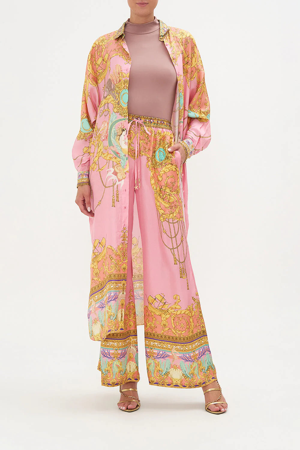 Mermaid Motel Unique Print Long Sleeve Loose Shirt and Elastic Waist Pants Set
