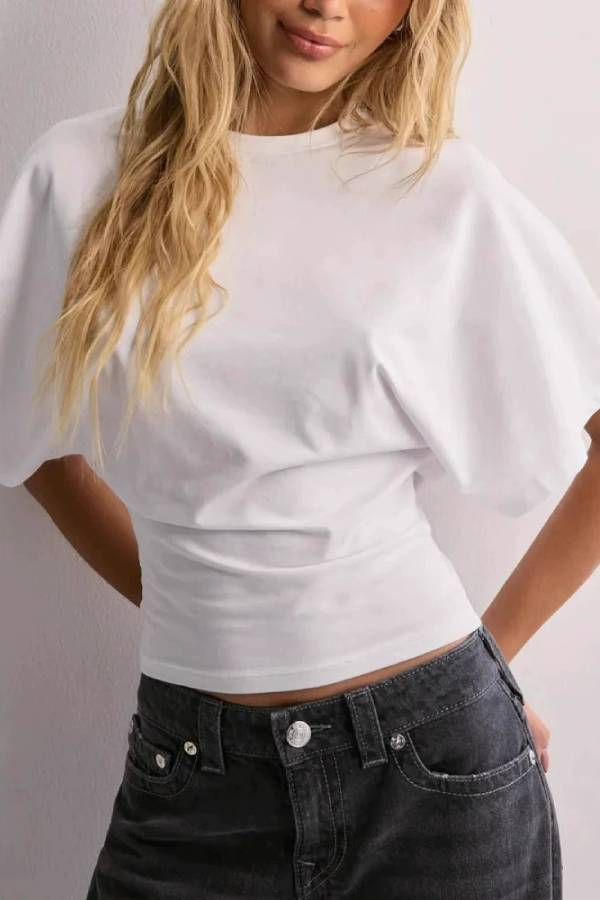 Batwing Sleeve Side Ruched Waist Crop Cotton T Shirt