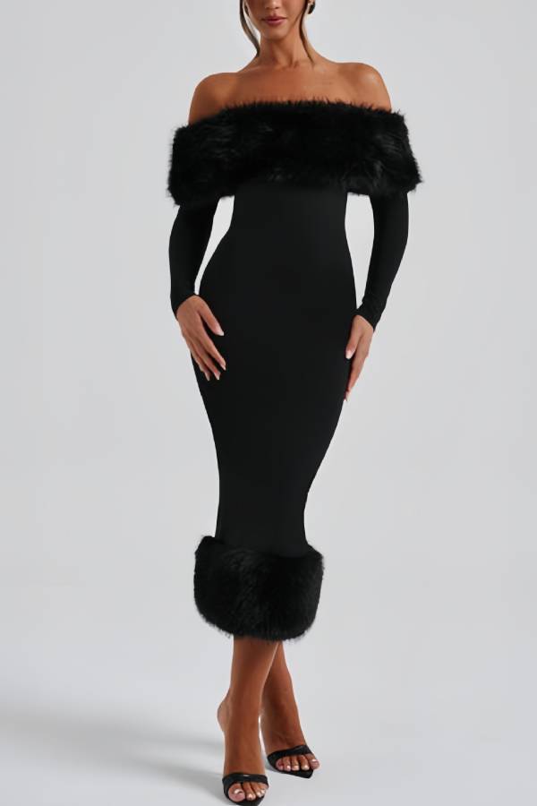 Off Shoulder Faux Fur Trim Long Sleeve Midi Bodycon Dress